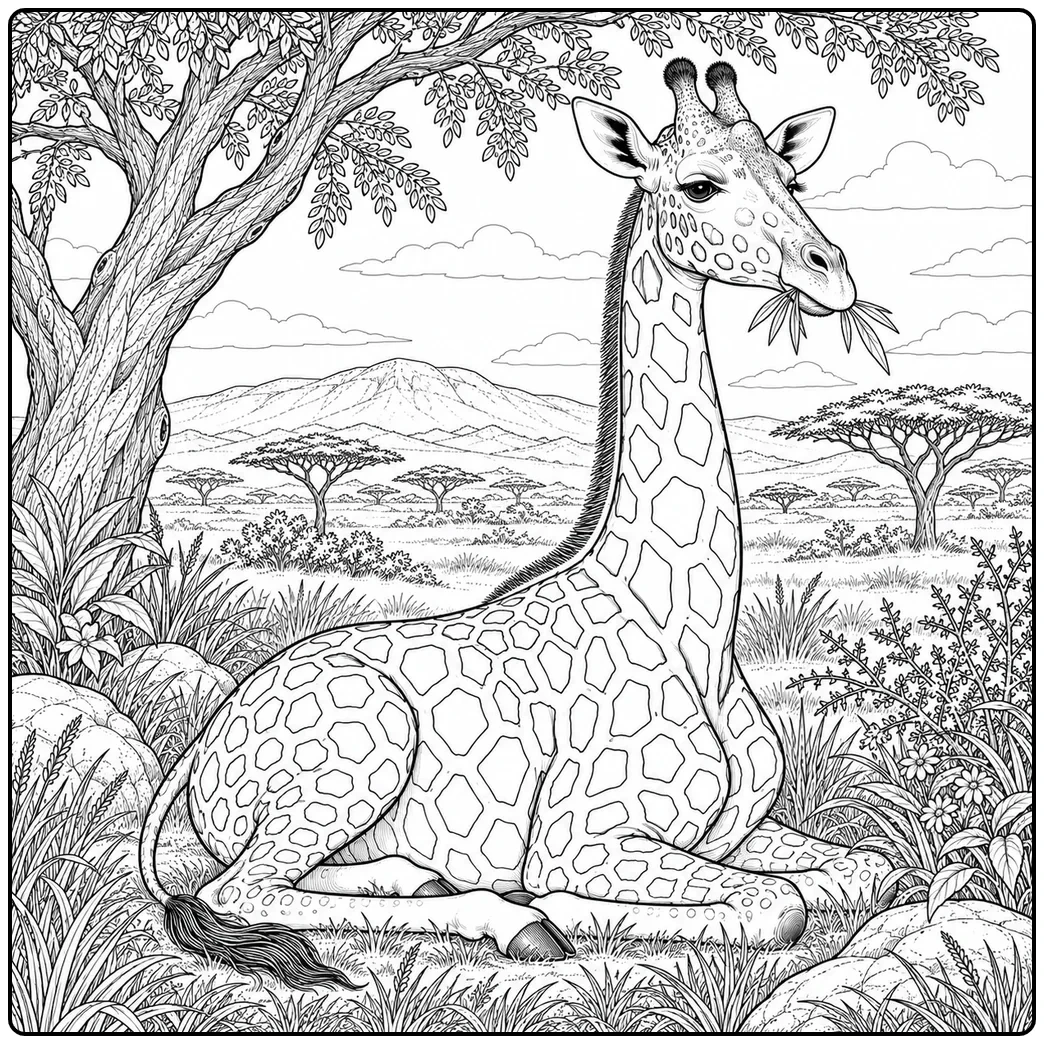Resting giraffe chews leaves beneath a tree surrounded by rocks, flowers, and tall grass