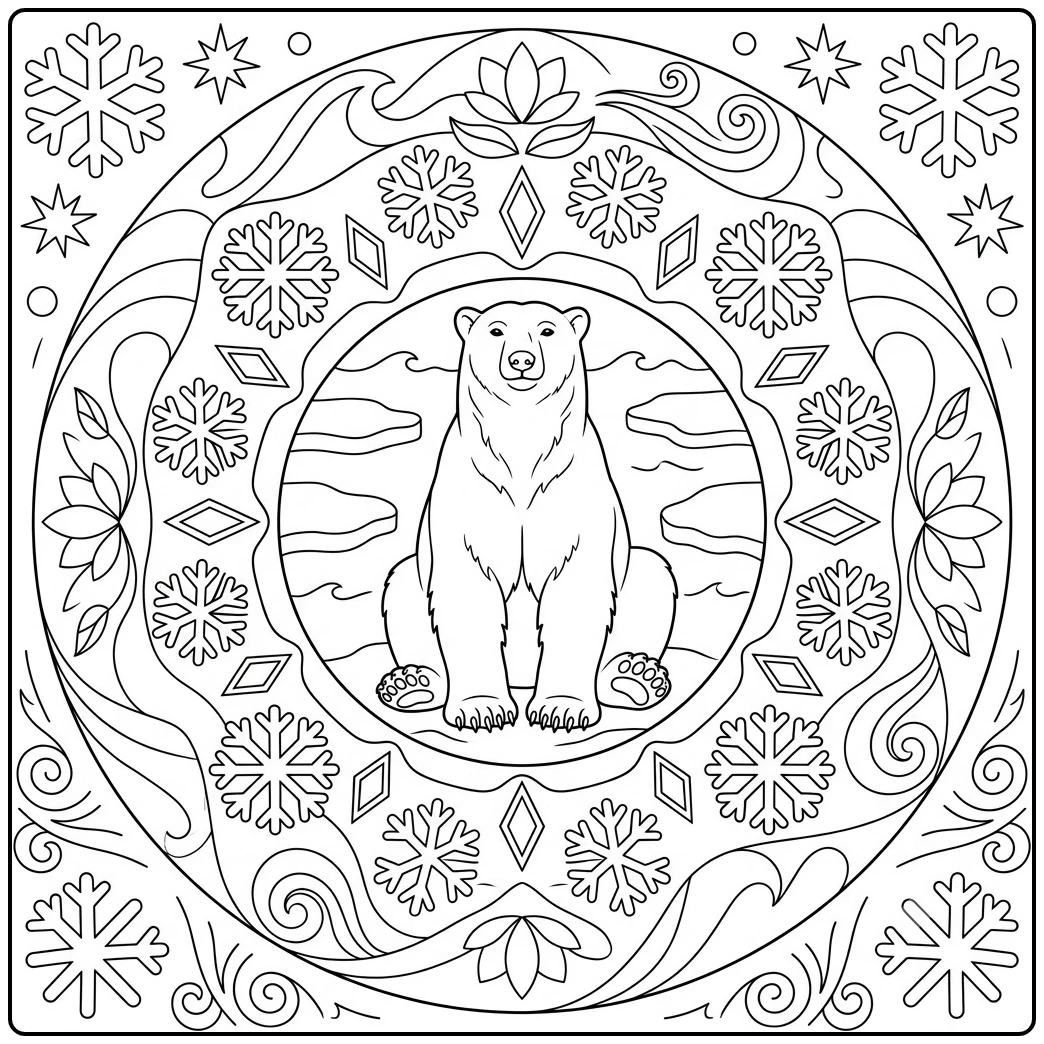 Seated polar bear centered inside a simple Arctic mandala with large snowflake motifs