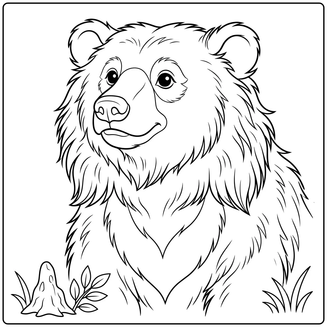 Shaggy bear head and upper chest with rounded ears, broad muzzle, and simple forest plants.