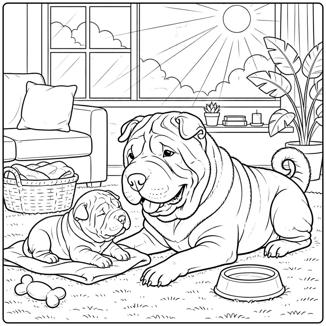 Large Shar Pei rests beside a tiny puppy indoors near a water bowl and sunny window