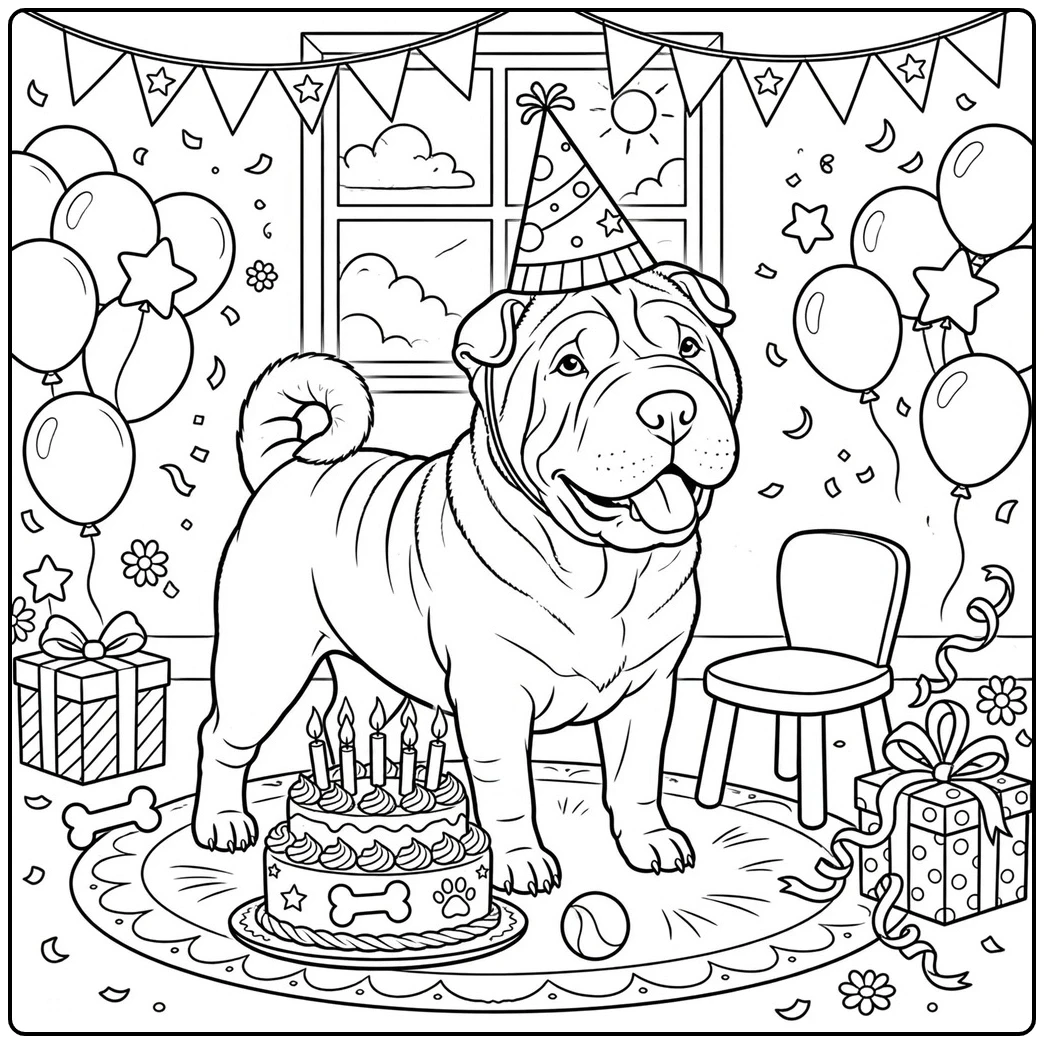 Birthday Shar Pei wears a party hat beside a candle cake, balloons, gifts, and confetti