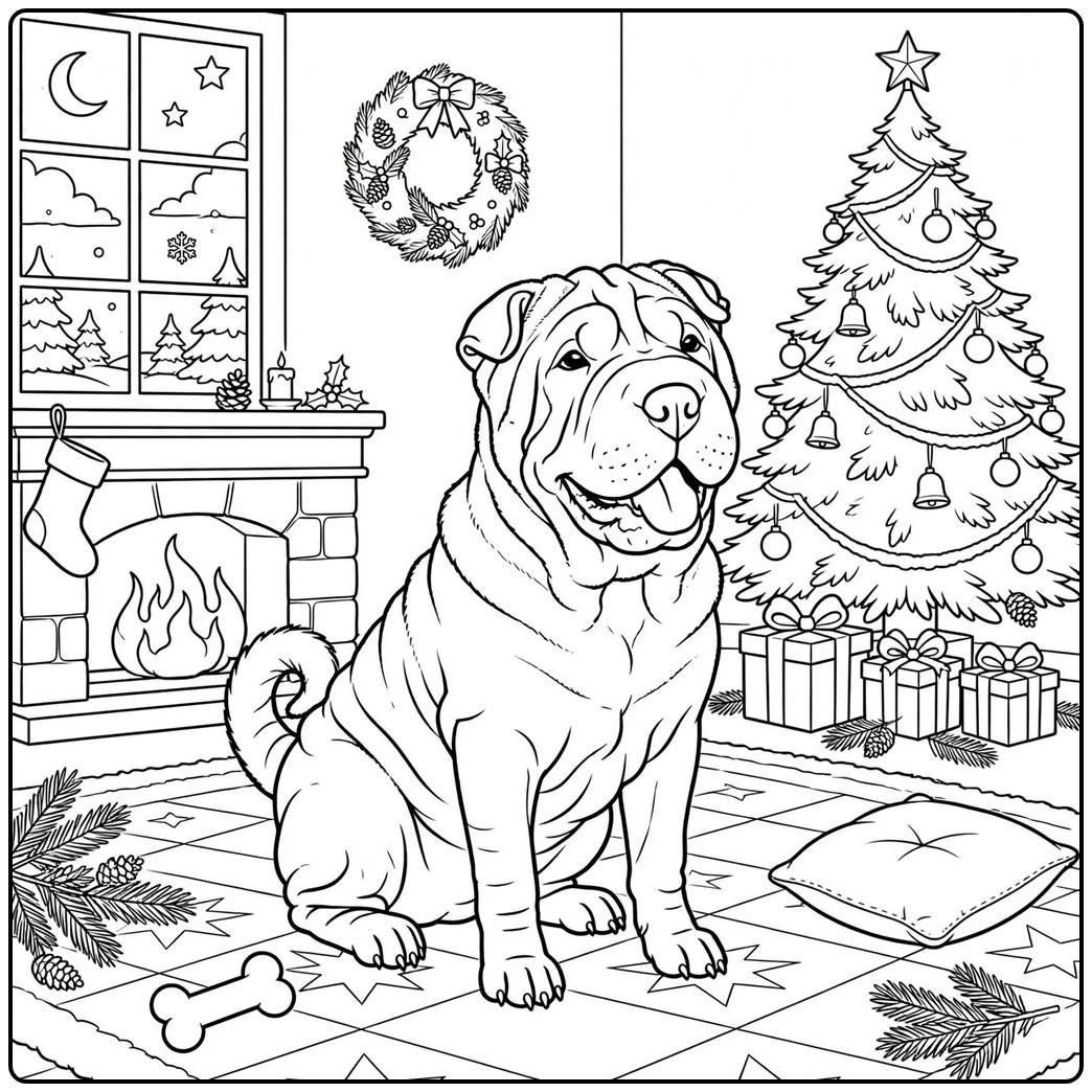 Christmas Shar Pei coloring page with a smiling dog, decorated tree, gifts, and fireplace