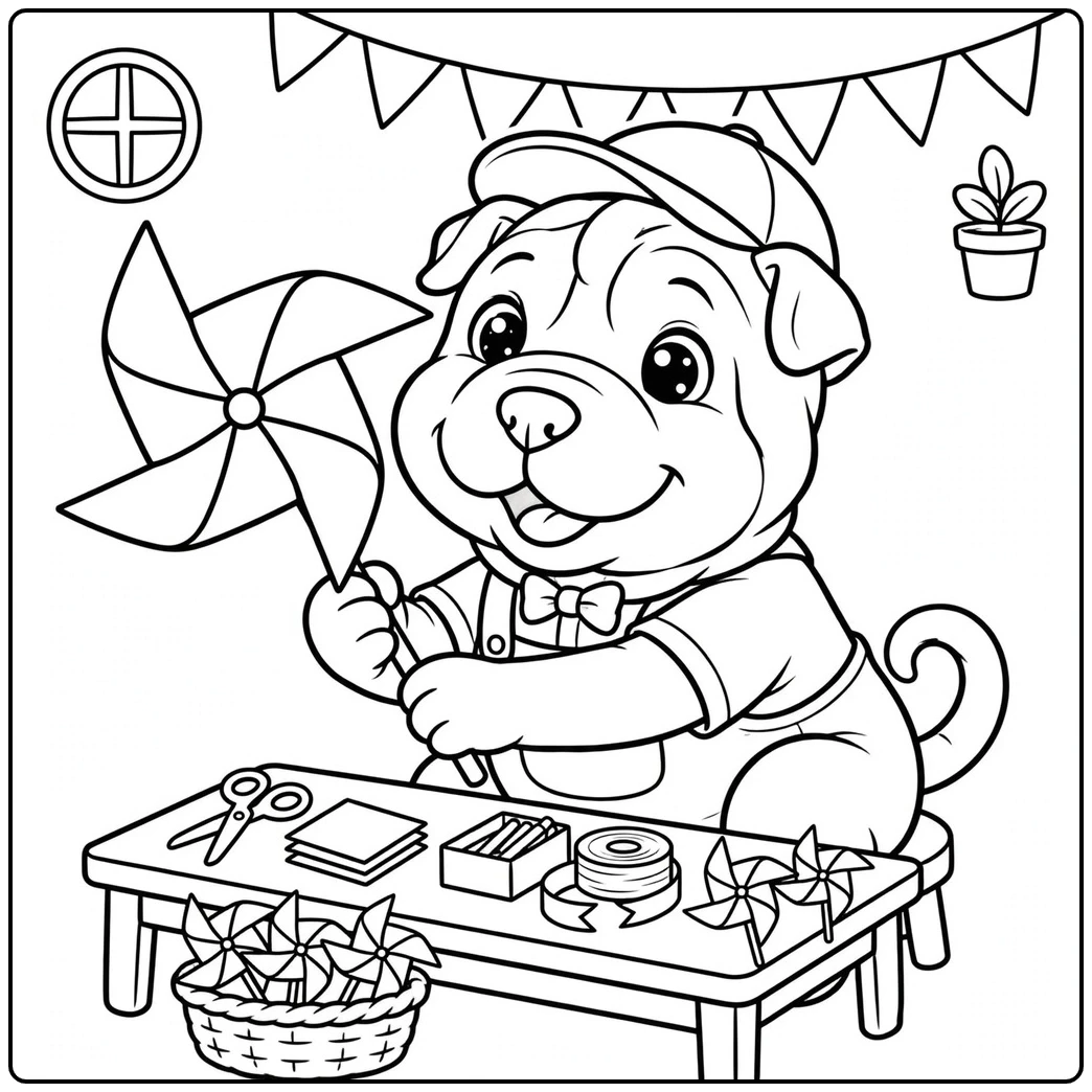 Crafting Shar Pei coloring page holds a pinwheel beside paper, scissors, and ribbon.