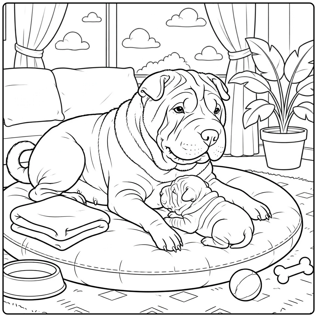 Adult Shar Pei cuddles a newborn puppy on a soft bed in a cozy living room