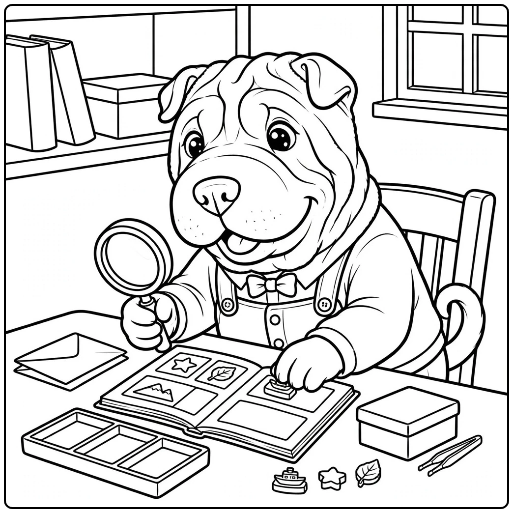 Wrinkly Shar Pei studies a stamp album with a magnifying glass at a tidy desk.