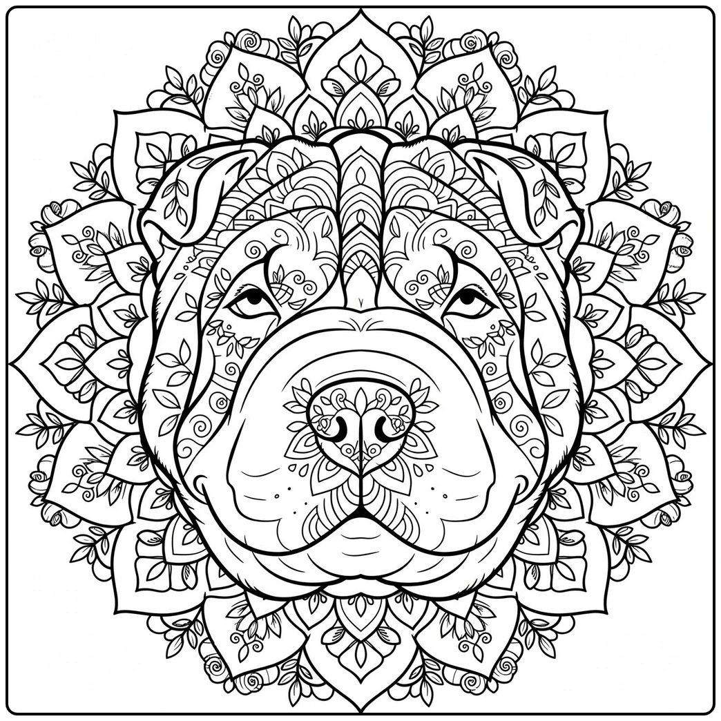Detailed Shar Pei coloring page centered on a wrinkled dog face and floral mandala