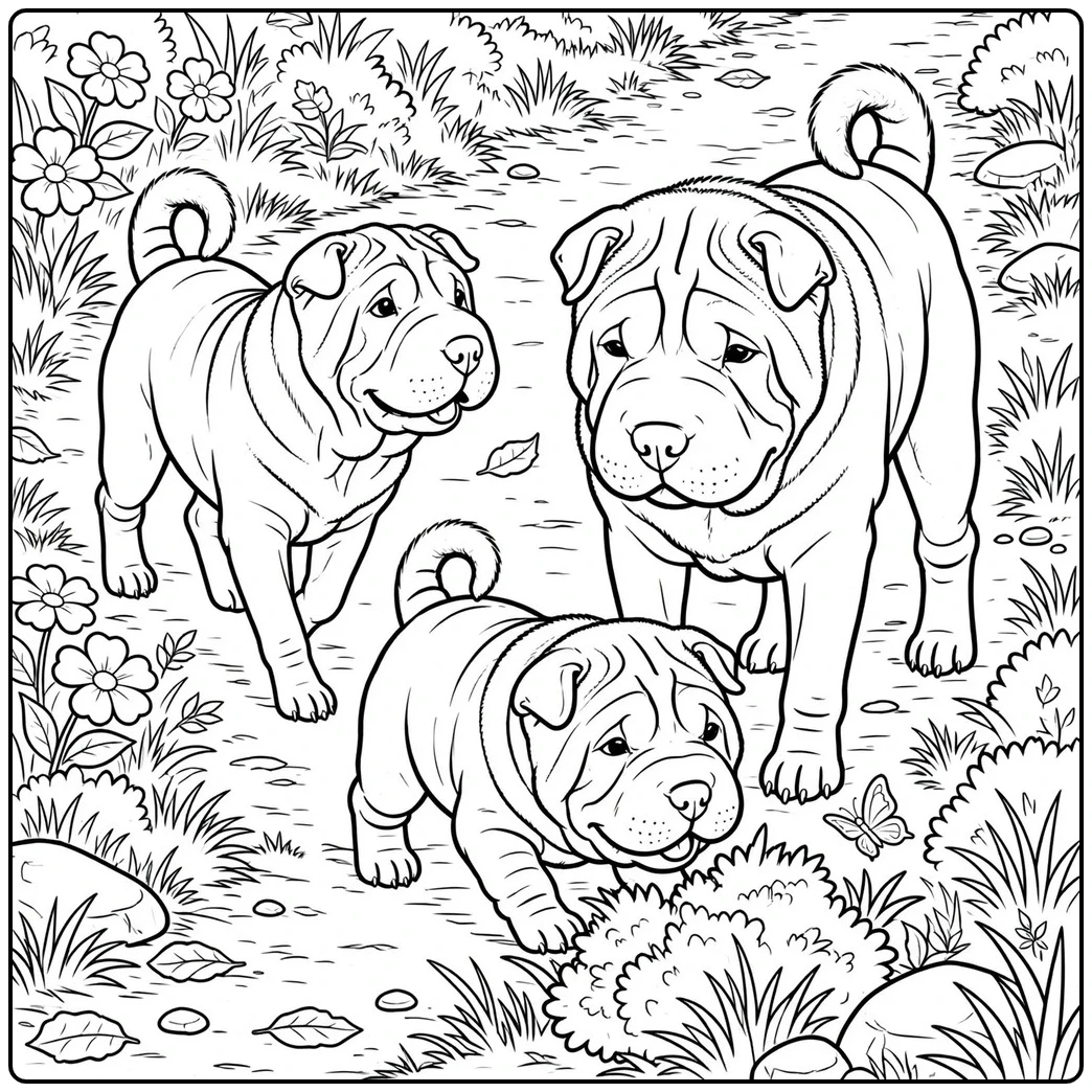 Three Shar Pei dogs explore a garden trail as the puppy approaches a small butterfly.