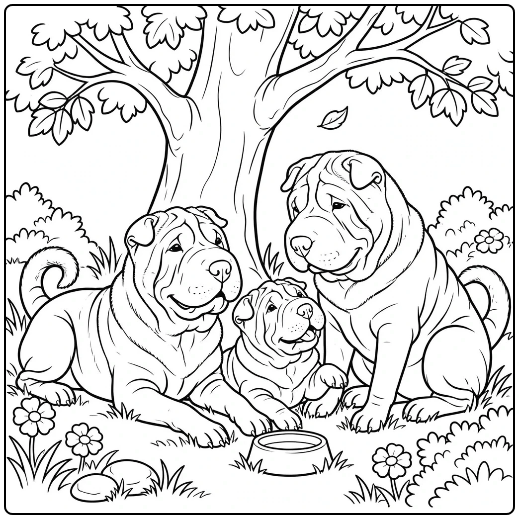 A Shar Pei coloring page family rests beneath a tree with the puppy in the center.