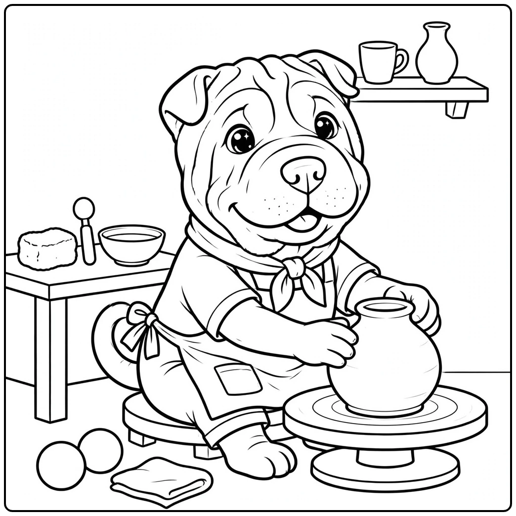 A pottery-making Shar Pei coloring page shaping a clay vase on a spinning wheel.