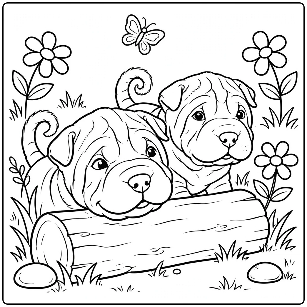 Two puppies peek over a log in a Shar Pei coloring page with flowers and a butterfly
