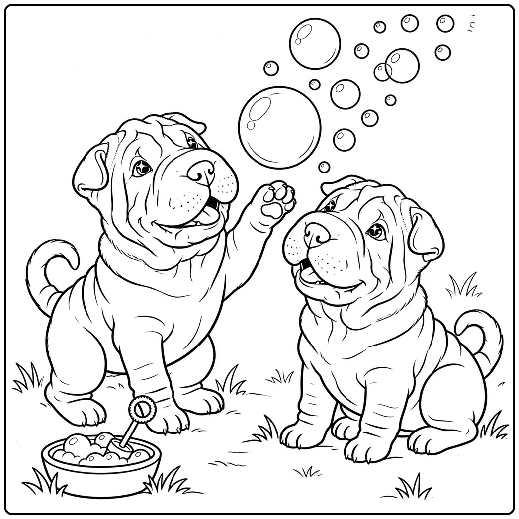 Two wrinkly Shar Pei puppies watch floating bubbles, with one reaching up a paw.