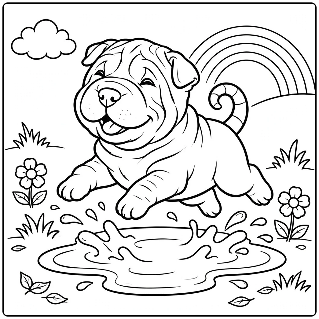 Happy Shar Pei puppy leaps over a puddle beneath a rainbow and fluffy clouds