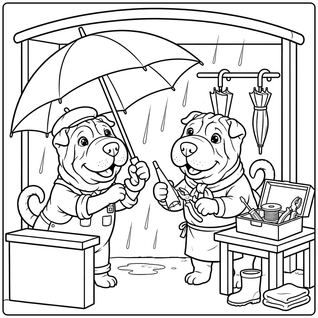 Two dressed Shar Pei dogs repair umbrellas together at a rainy workshop stall.