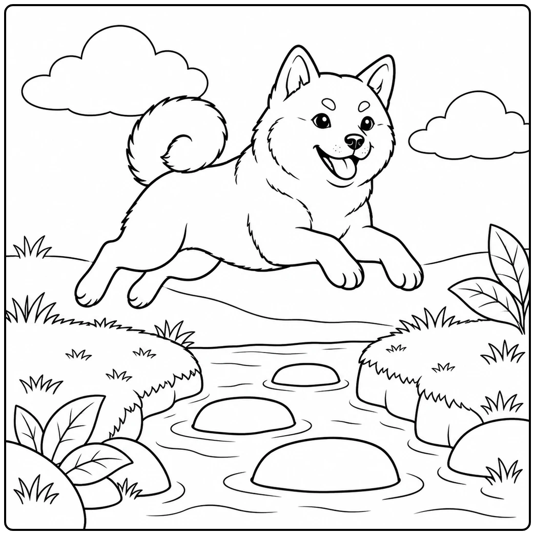Energetic Shiba Inu leaps across a shallow stream with rounded stepping stones below