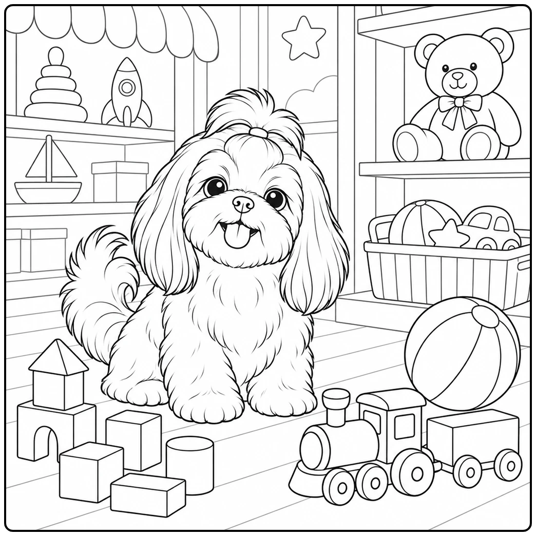 Shih Tzu sits among toy blocks, a train, ball, and teddy bear in a toy store