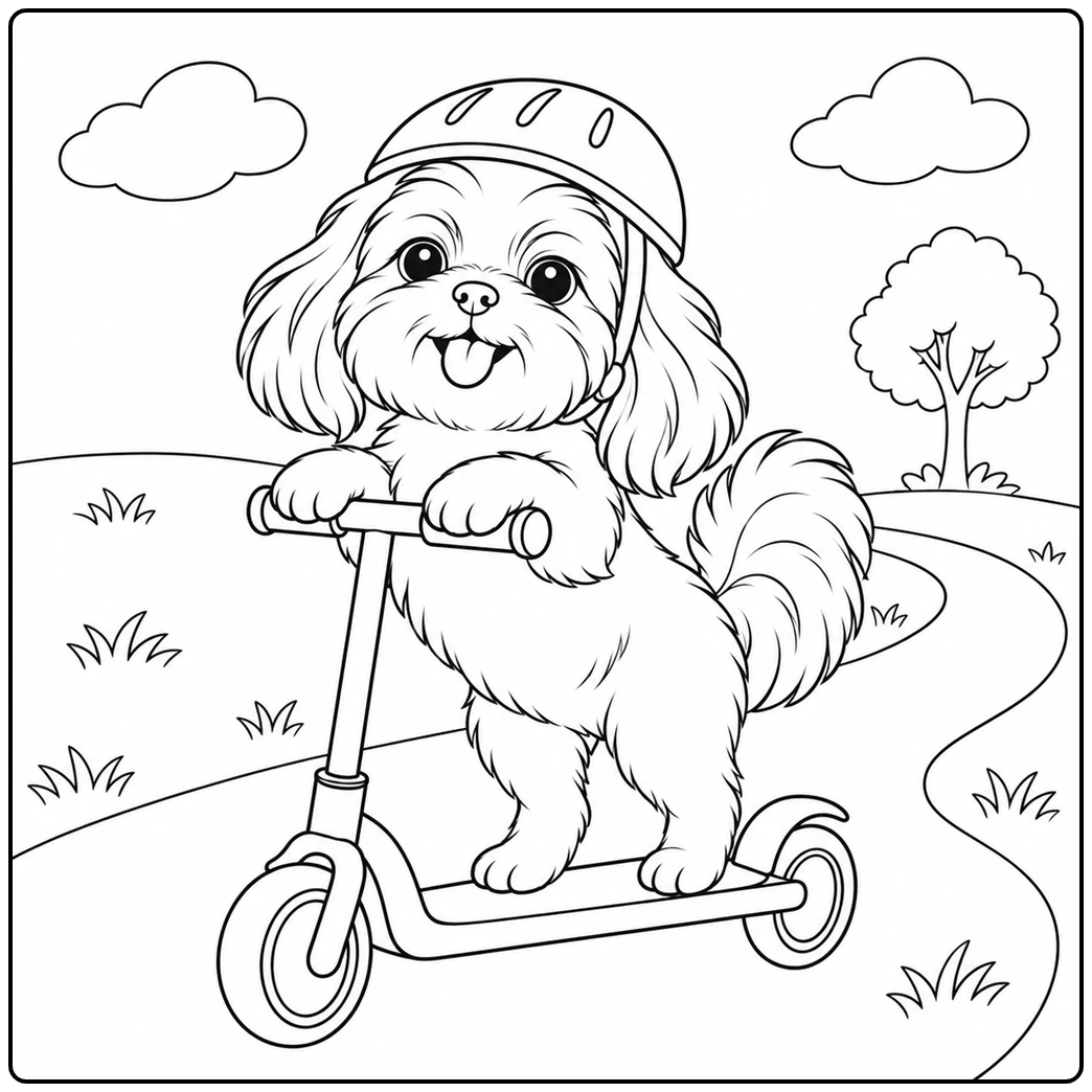Helmeted Shih Tzu rides a scooter along a winding park path with clouds and grass