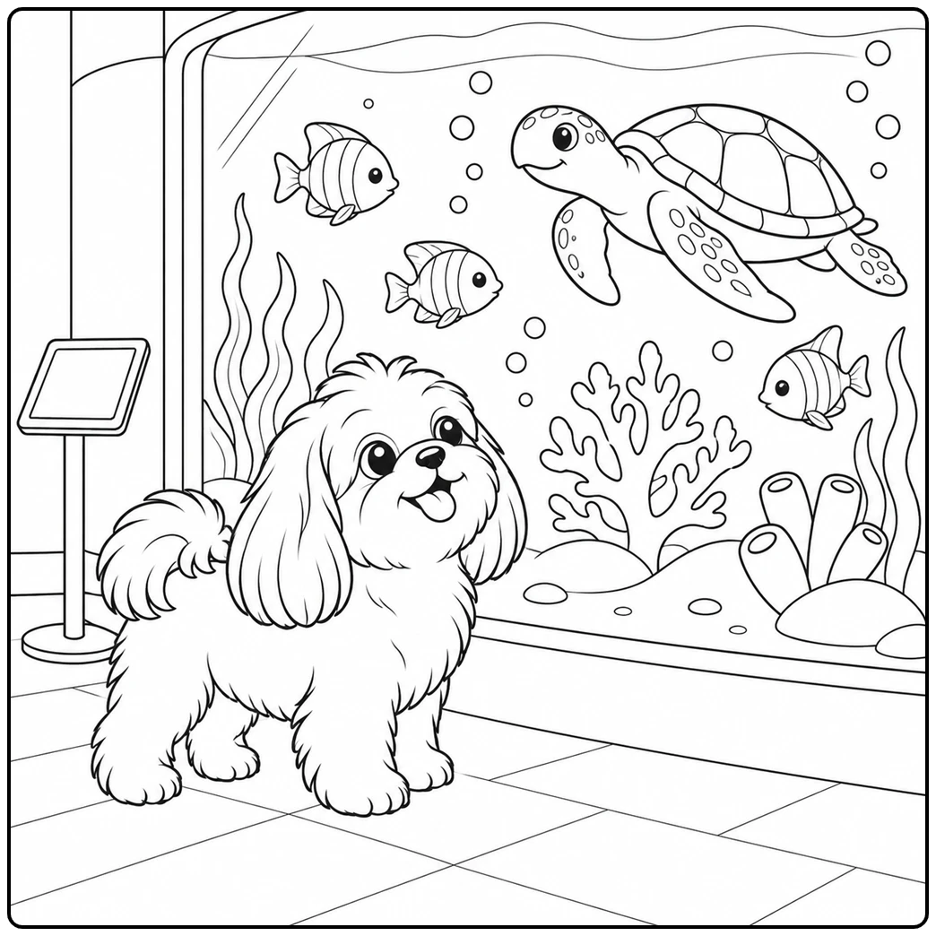Aquarium visit in a shih tzu coloring page with fish, coral, and a sea turtle