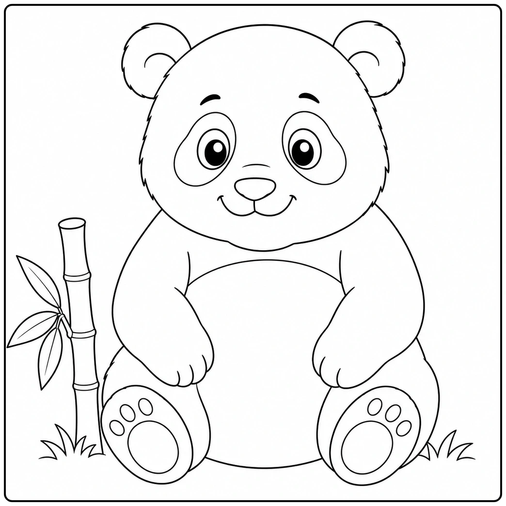 Seated giant panda beside a bamboo stalk with large paws and a simple grassy base