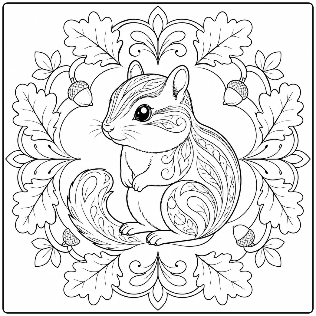 Chipmunk centered in a simple oak leaf and acorn mandala with patterns on its tail