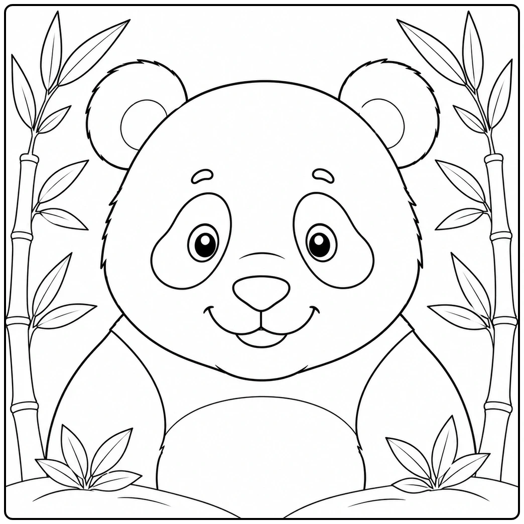 Smiling panda portrait framed by simple bamboo stalks and broad leaves