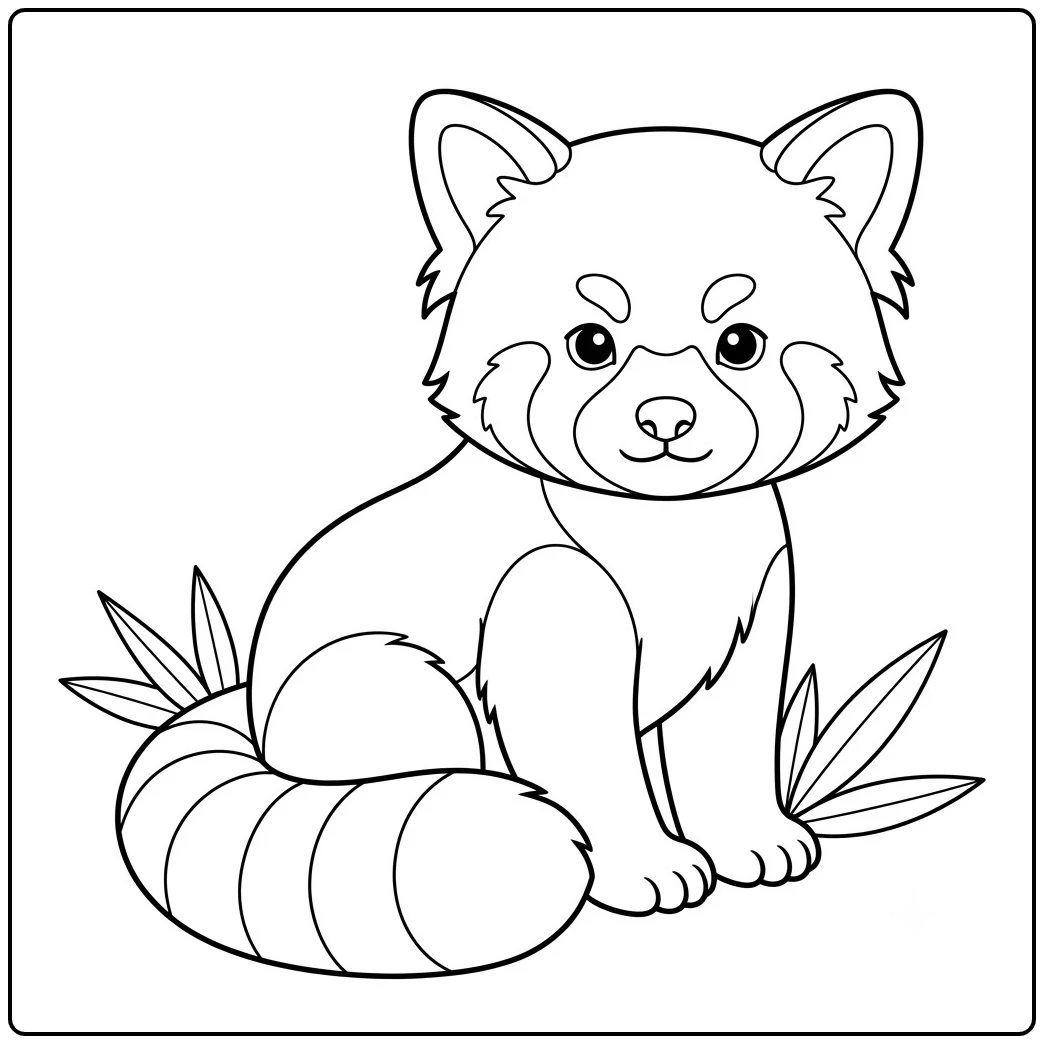 Simple seated red panda with a curled striped tail and small leafy plants