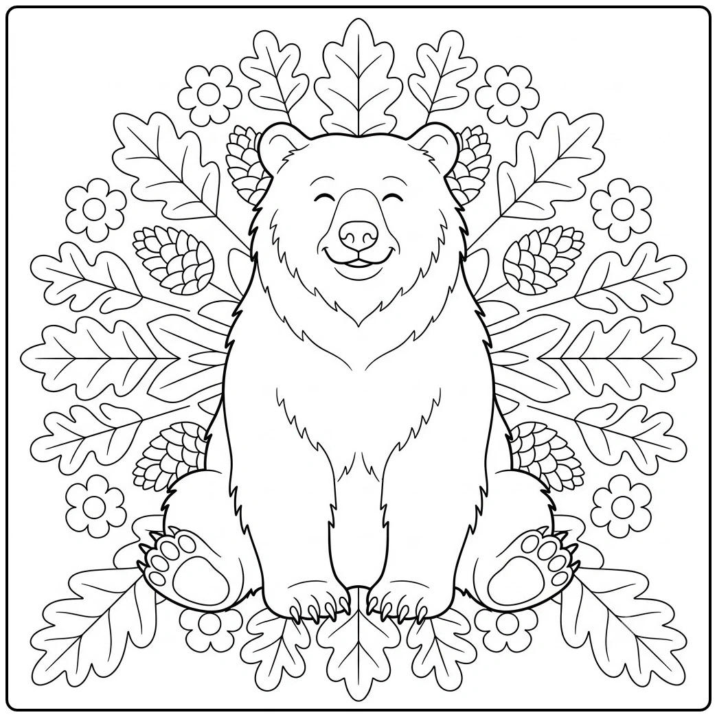 Smiling seated bear framed by simple oak leaves, flowers, and pinecones