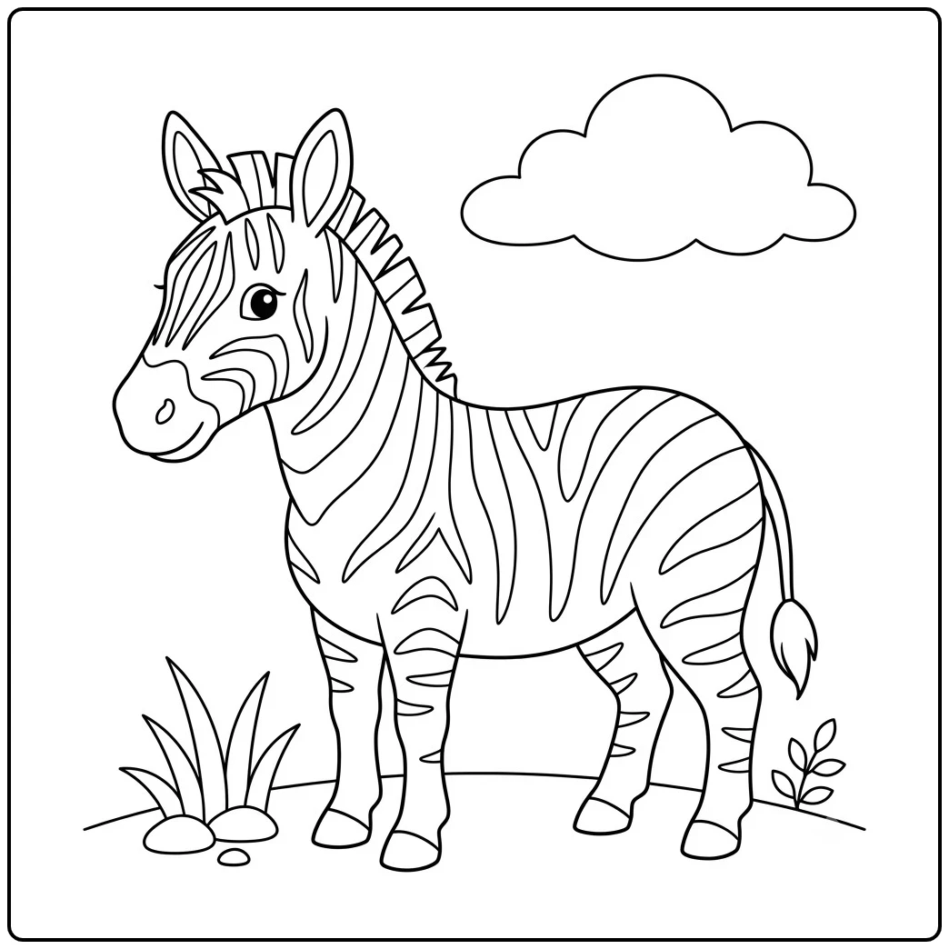 Standing zebra with bold stripes beside simple grass, a small plant, and a cloud
