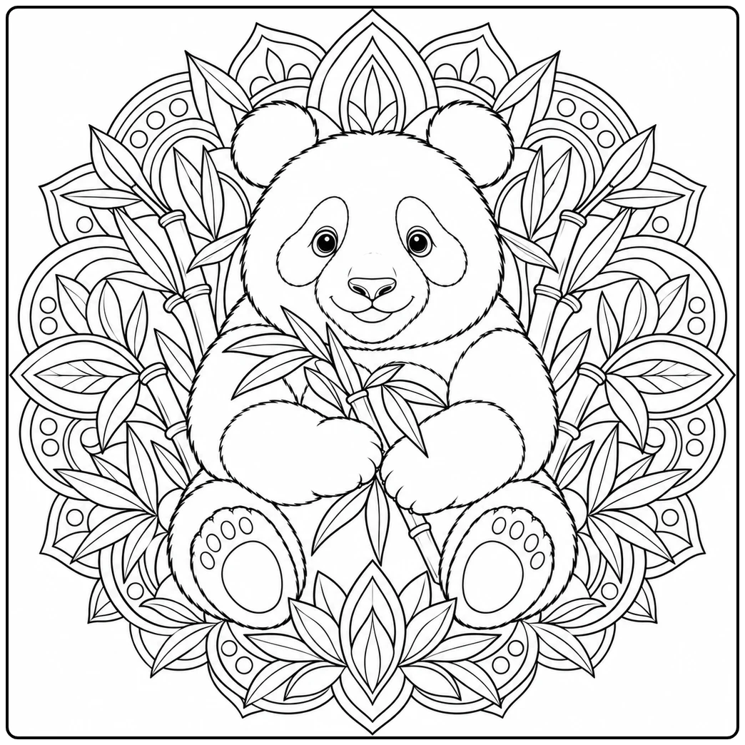 Sweet panda sitting inside a beautiful floral mandala holding fresh green leaves.