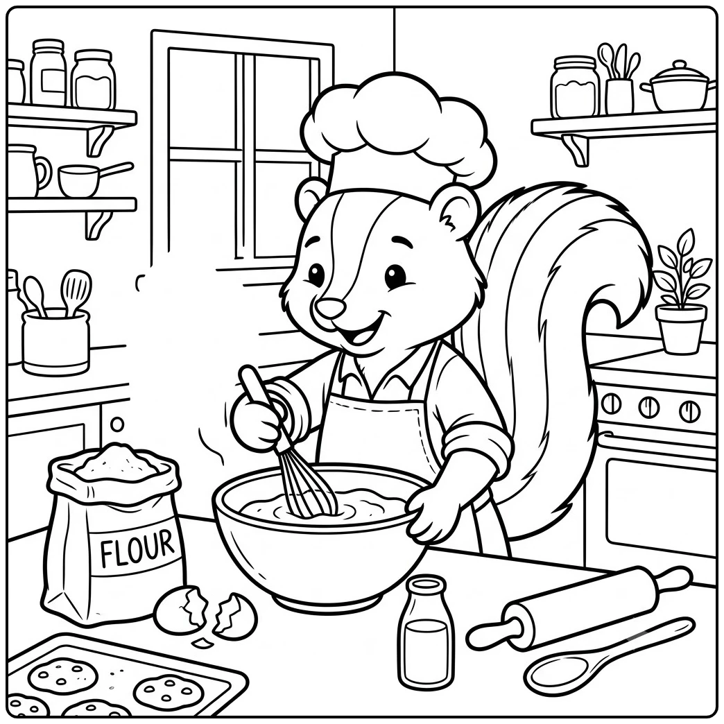 A baking skunk coloring page shows a chef whisking batter beside flour and eggs