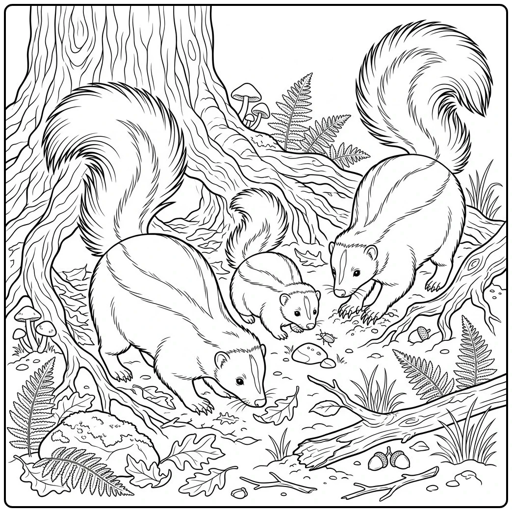 Three skunks search beneath tree roots among ferns, mushrooms, acorns, and fallen leaves
