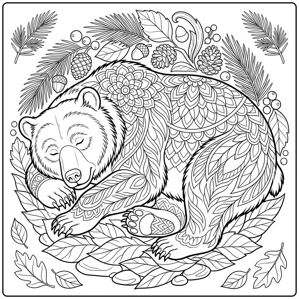 Sleeping bear coloring page with intricate leaf, pinecone, and mandala-style patterns.