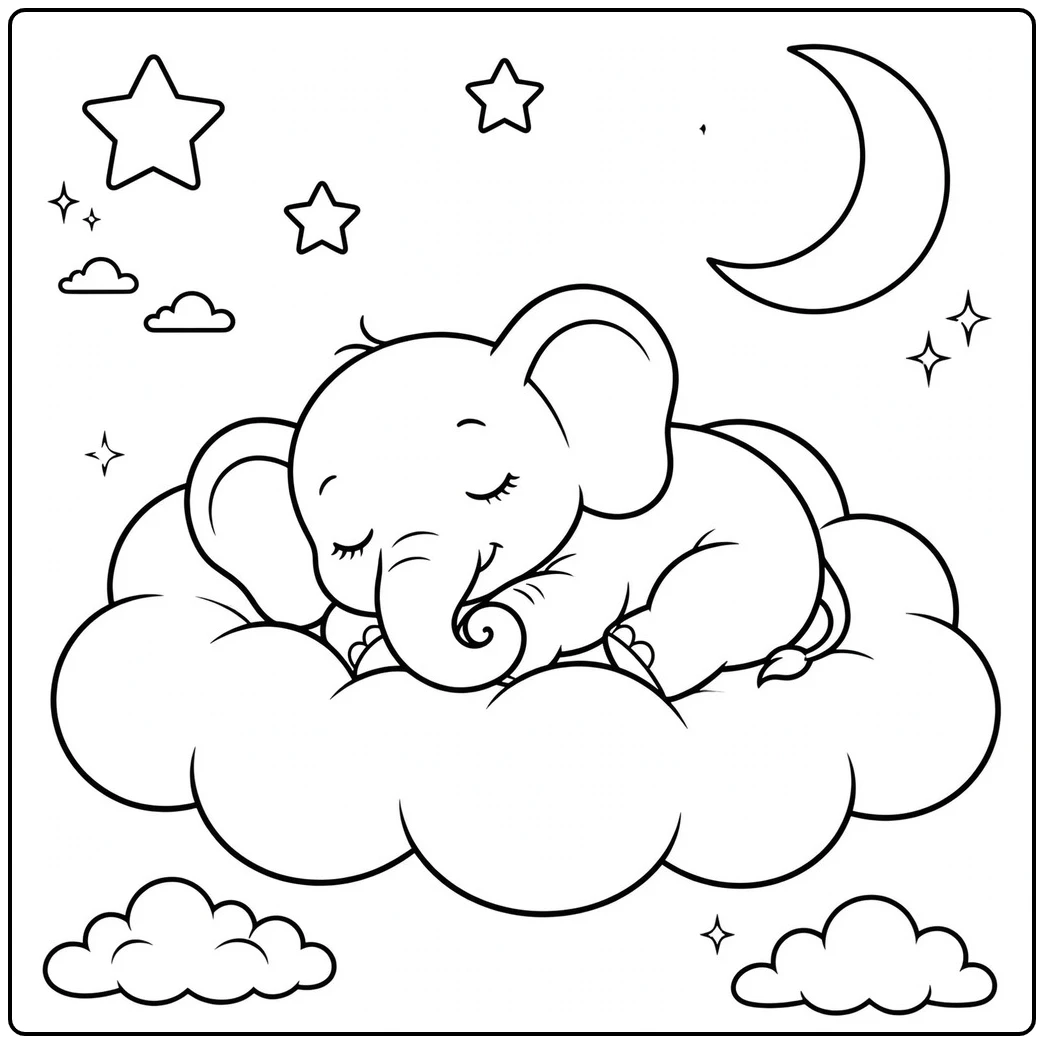 Sleeping calf rests on a cloud beneath a crescent moon and large stars