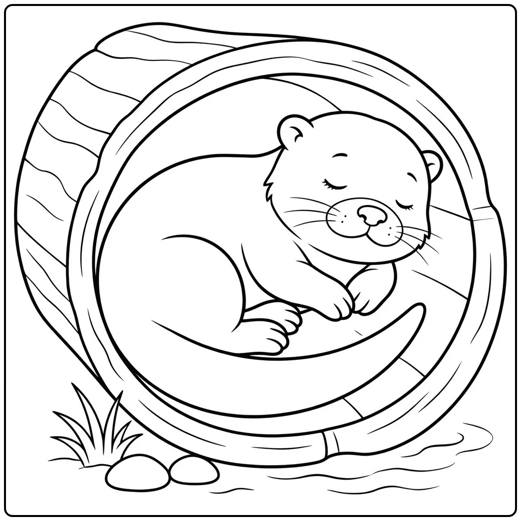A sleeping otter curled inside a hollow log in this simple otter coloring page.