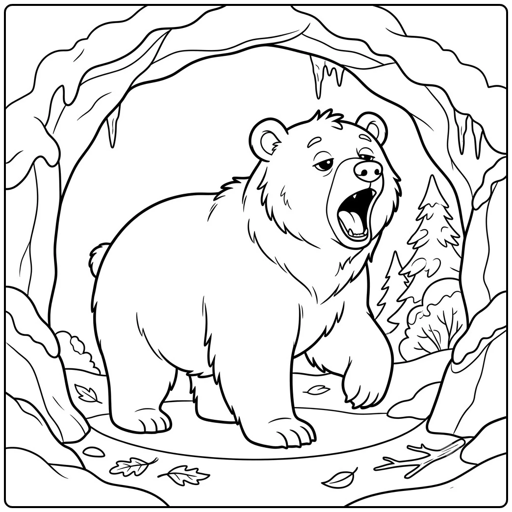 Sleepy bear yawns at a snowy cave entrance beneath icicles and winter trees.