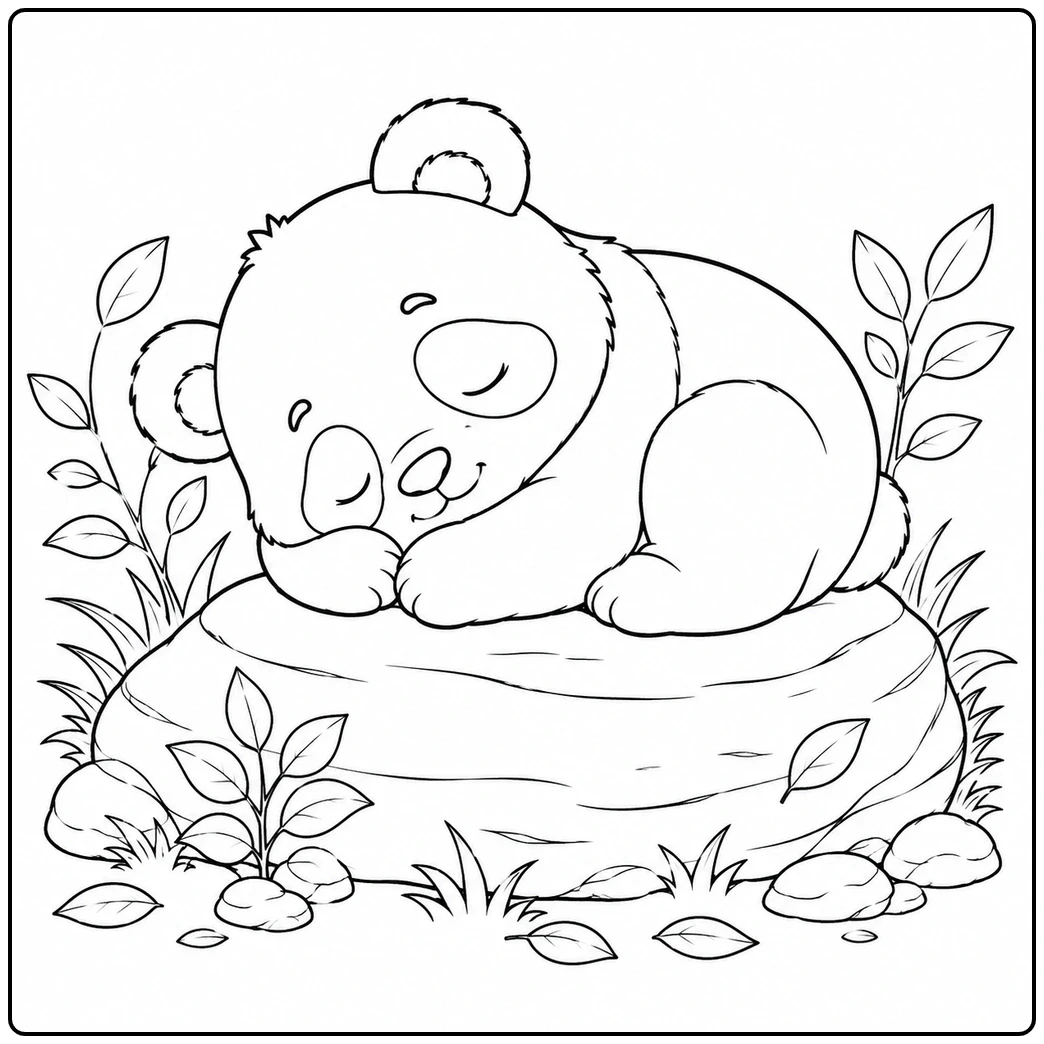 Sleeping baby panda curls peacefully on a broad rock among leaves and grass