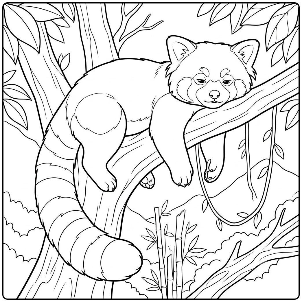 Sleepy red panda drapes over a branch with its long striped tail hanging below