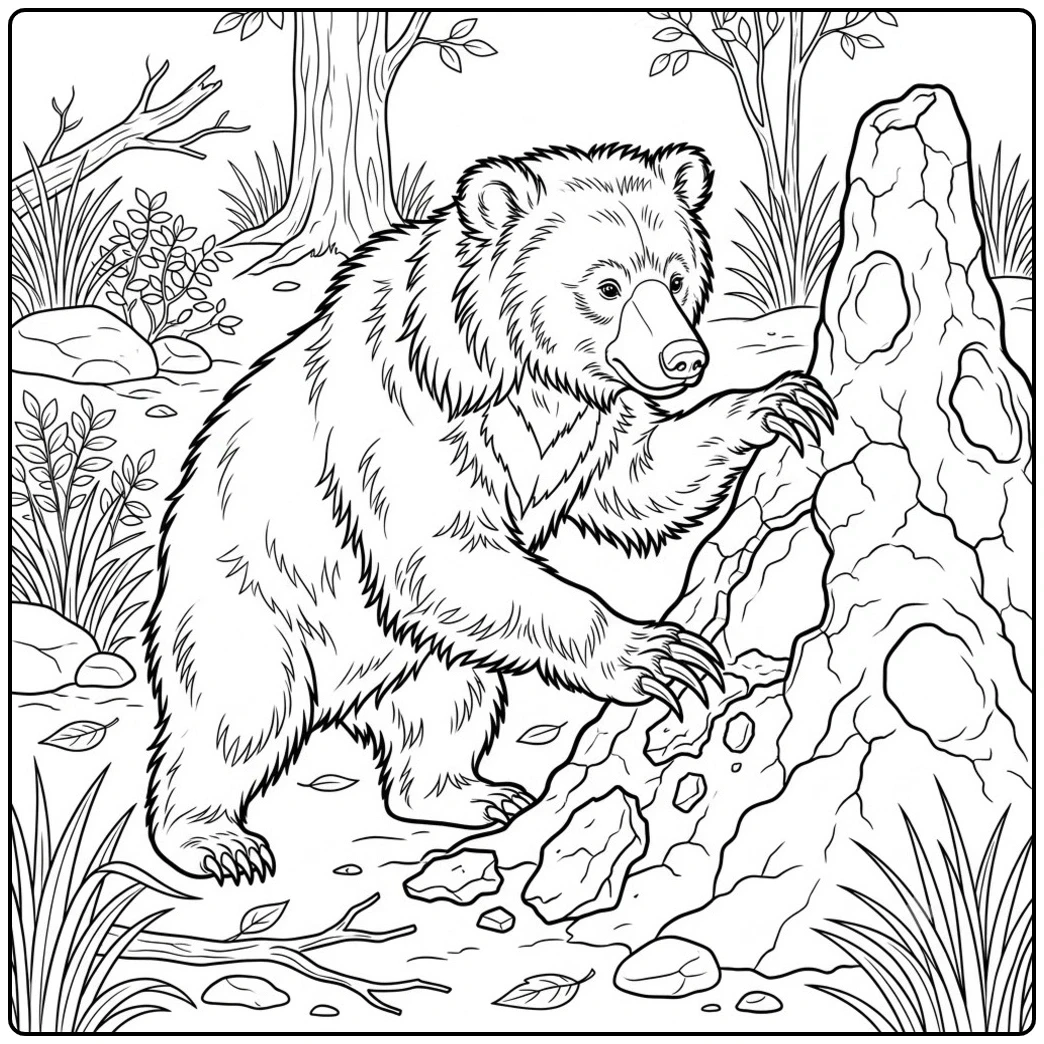 Shaggy bear digs into a termite mound in this realistic bear coloring page with long claws.