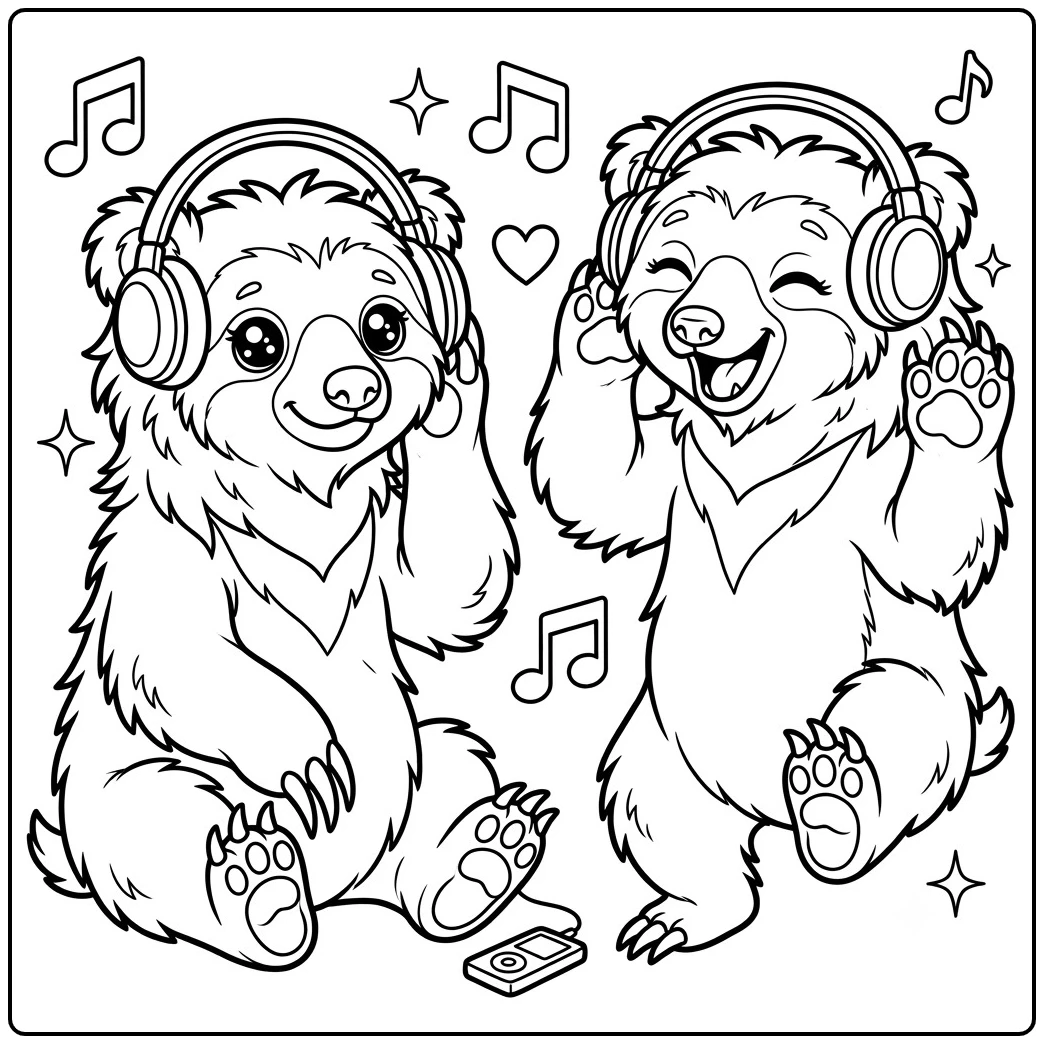 Two shaggy sloth bears wear headphones and dance in cute and kawaii bear coloring pages.