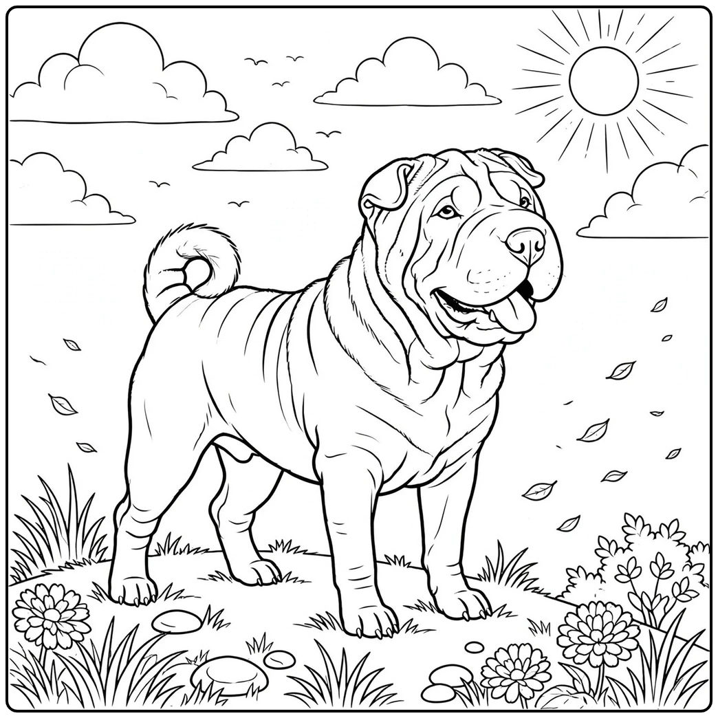 Smiling adult Shar Pei stands in a sunny meadow with clouds, flowers, and falling leaves