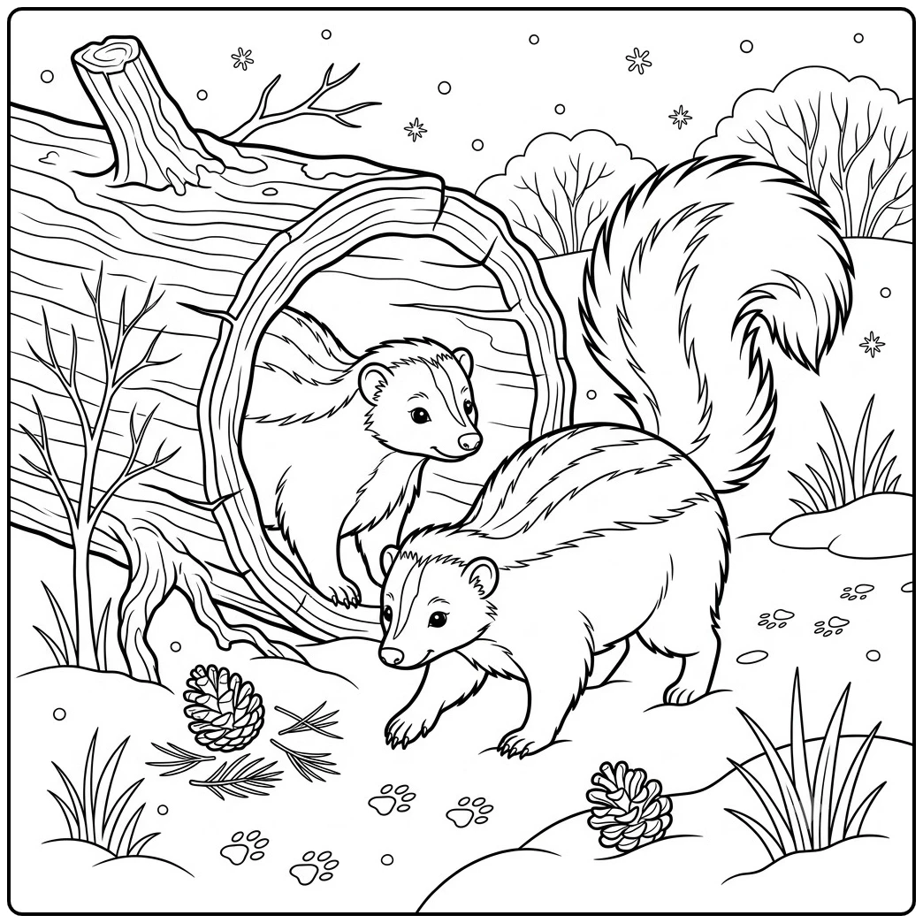 Two skunks explore snow near a hollow log in this winter skunk coloring page