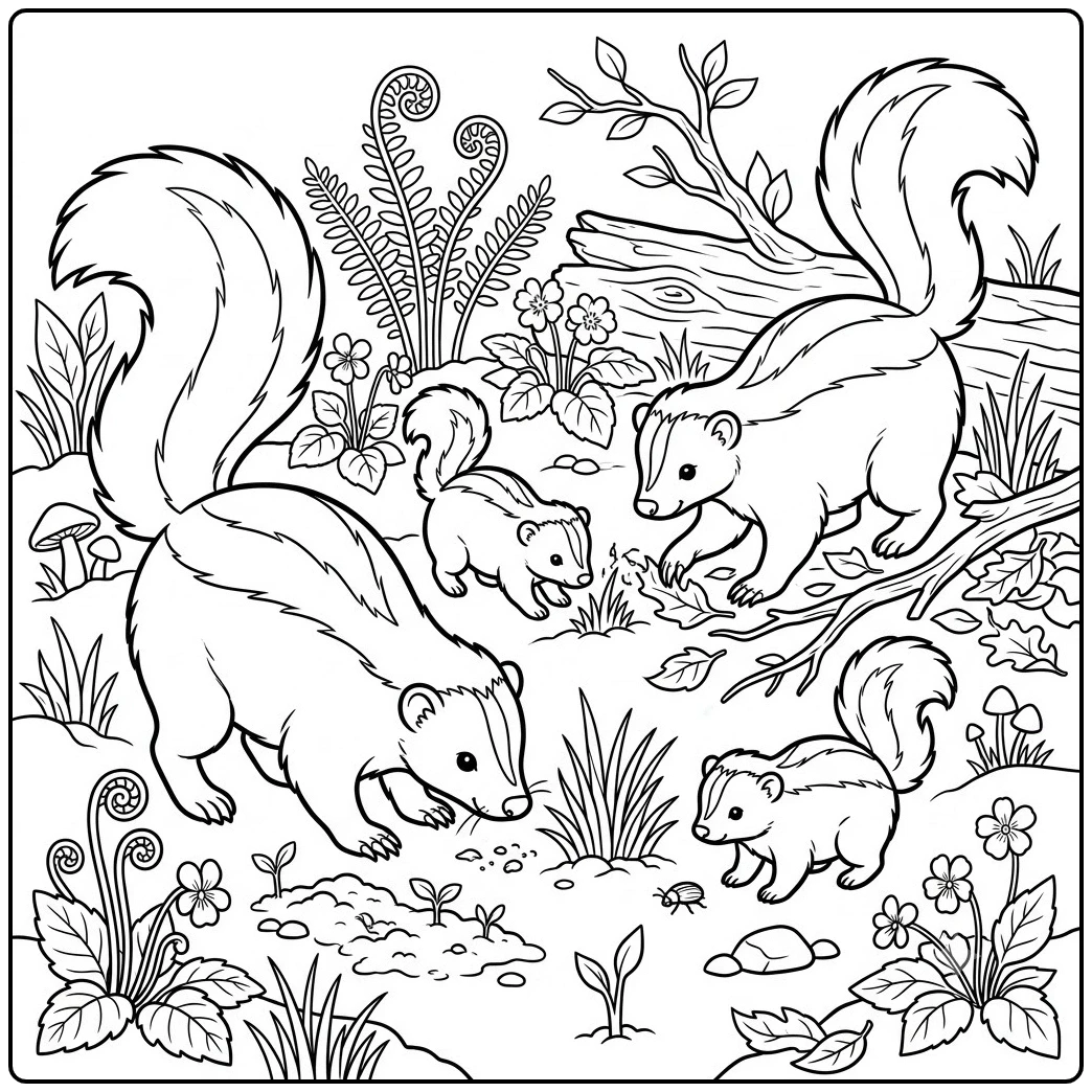 Skunk family forages together among spring ferns, flowers, leaves, and insects