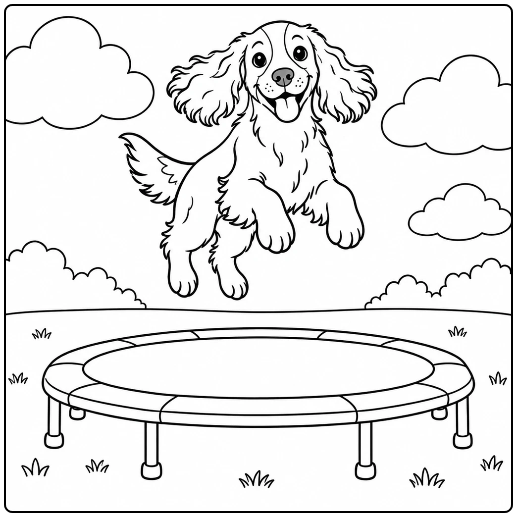 Springer Spaniel jumps high above a round trampoline beneath large fluffy clouds