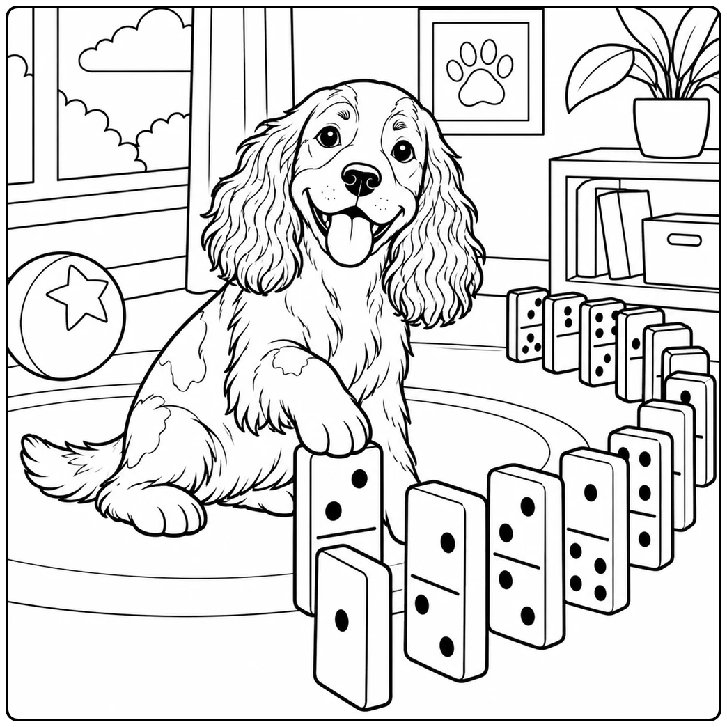 A springer spaniel coloring page shows the dog arranging large dominoes in a curved trail
