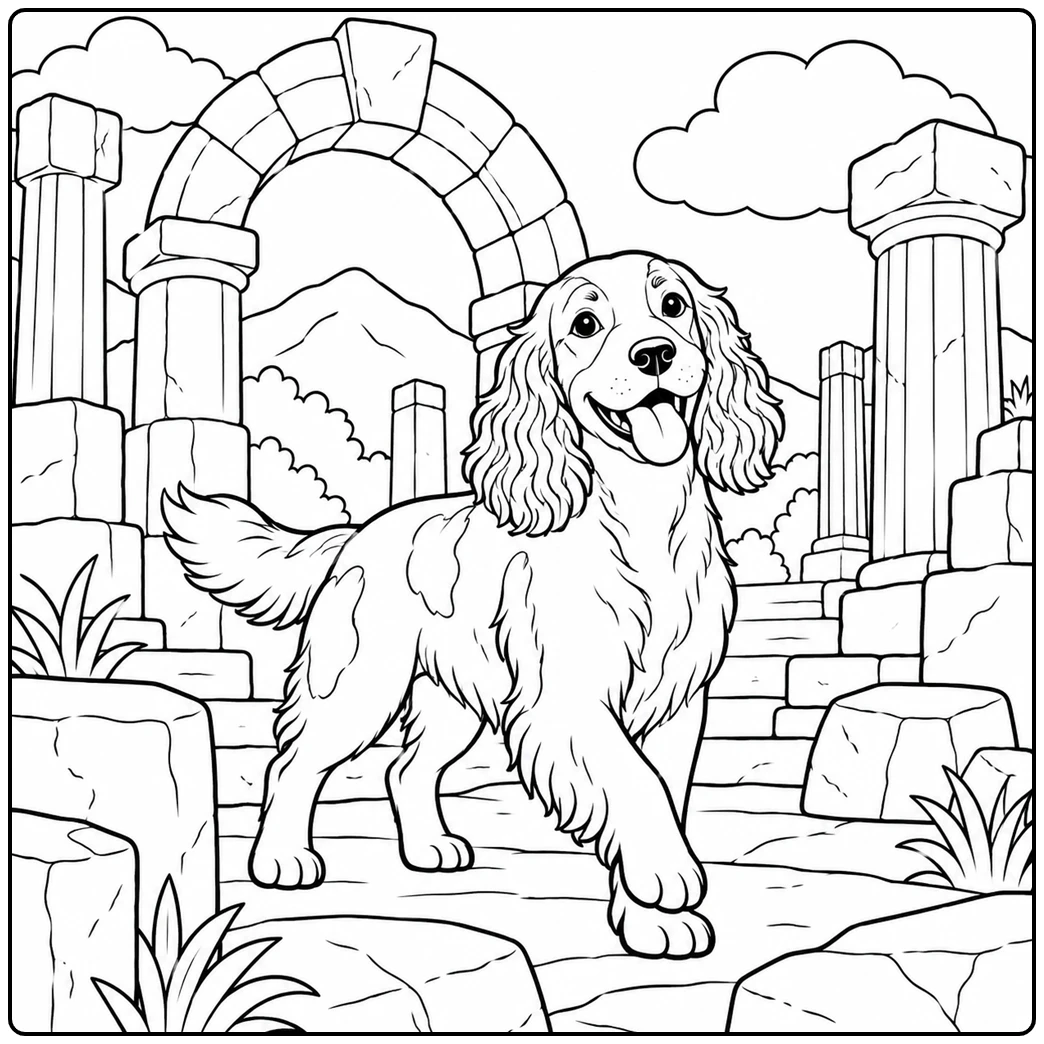 Springer Spaniel explores ancient stone columns and a large arched ruin outdoors
