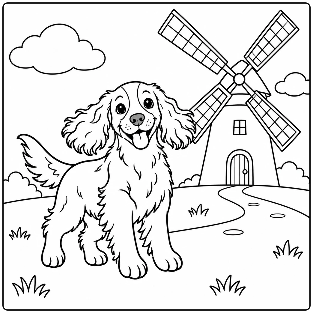 Happy dog stands near an old four-blade windmill along a simple countryside path