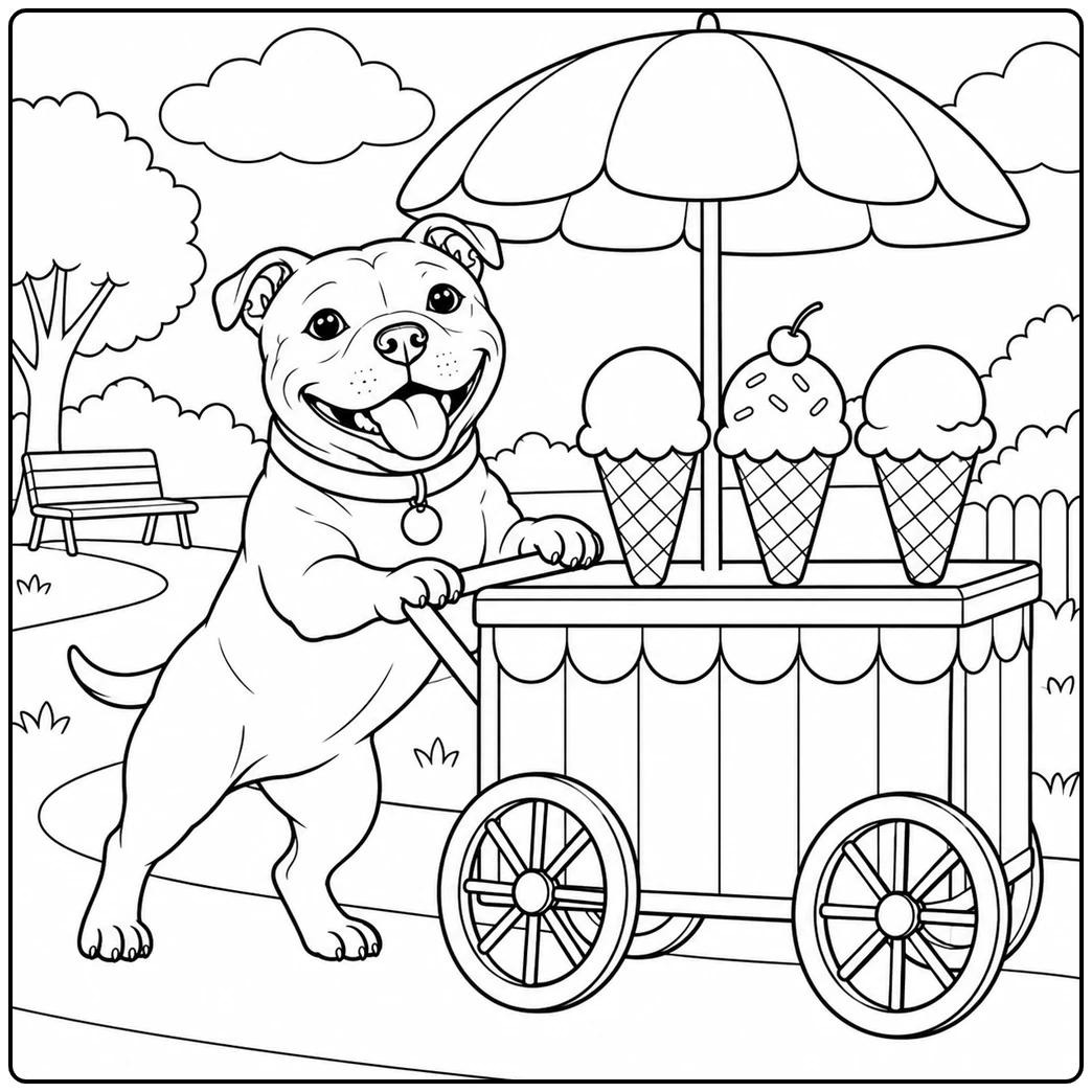 Staffordshire Bull Terrier pushing an ice cream cart with three cones under a large umbrella
