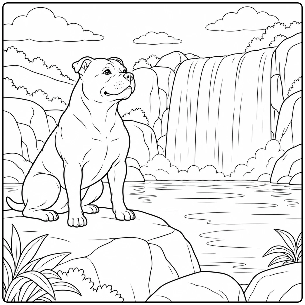 Staffordshire Bull Terrier coloring page featuring a dog watching a wide waterfall from rocks