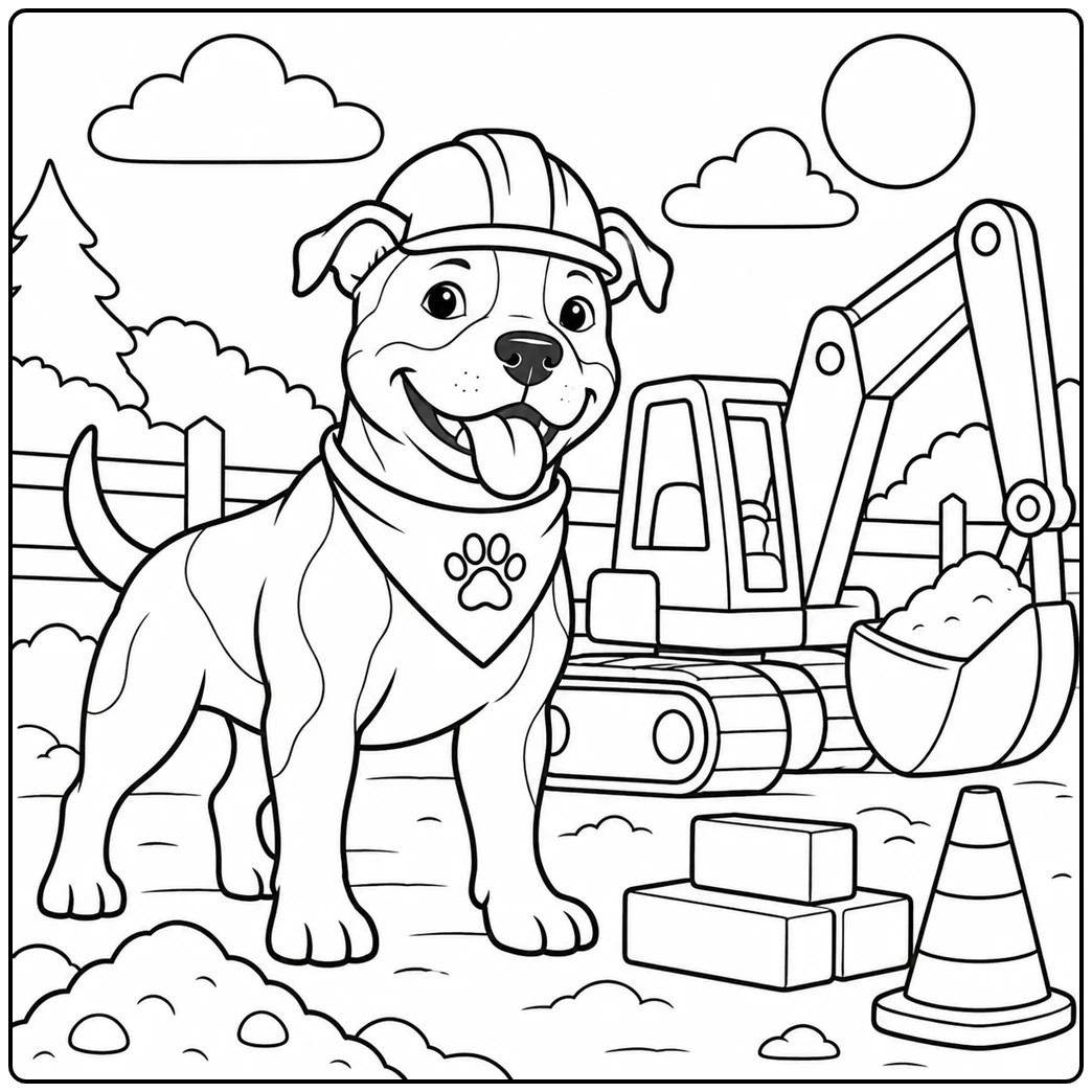 Little builder american staffordshire terrier coloring page beside a toy excavator