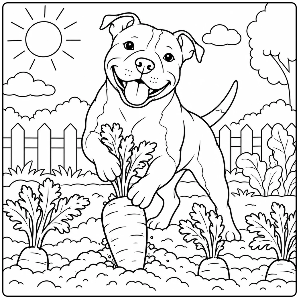 American Staffordshire Terrier pulls a large carrot from a sunny vegetable garden