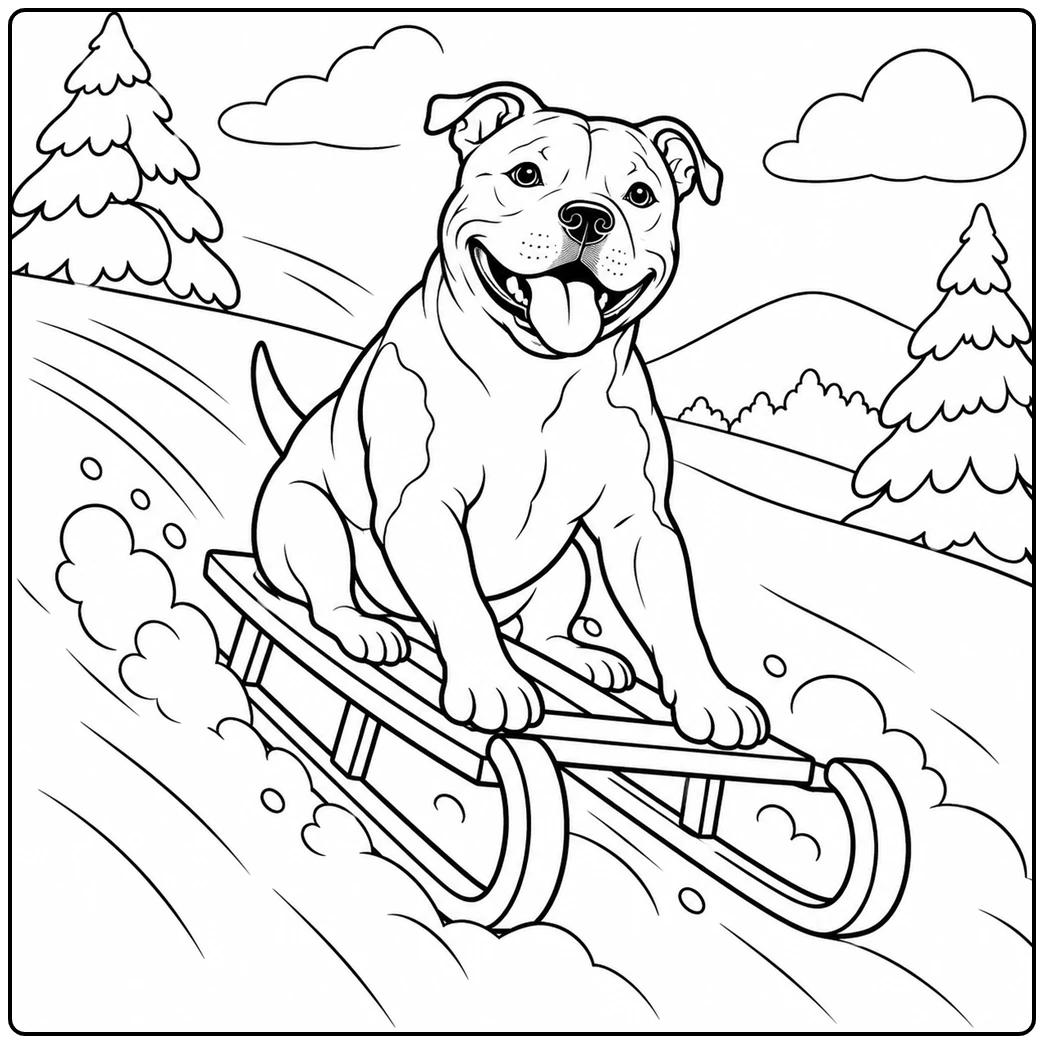 Strong terrier rides a wooden sled down a snowy hill between large pine trees
